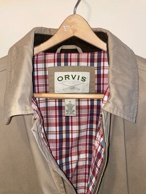 Orvis Tan Cotton Jacket with Red & Navy Plaid Lining